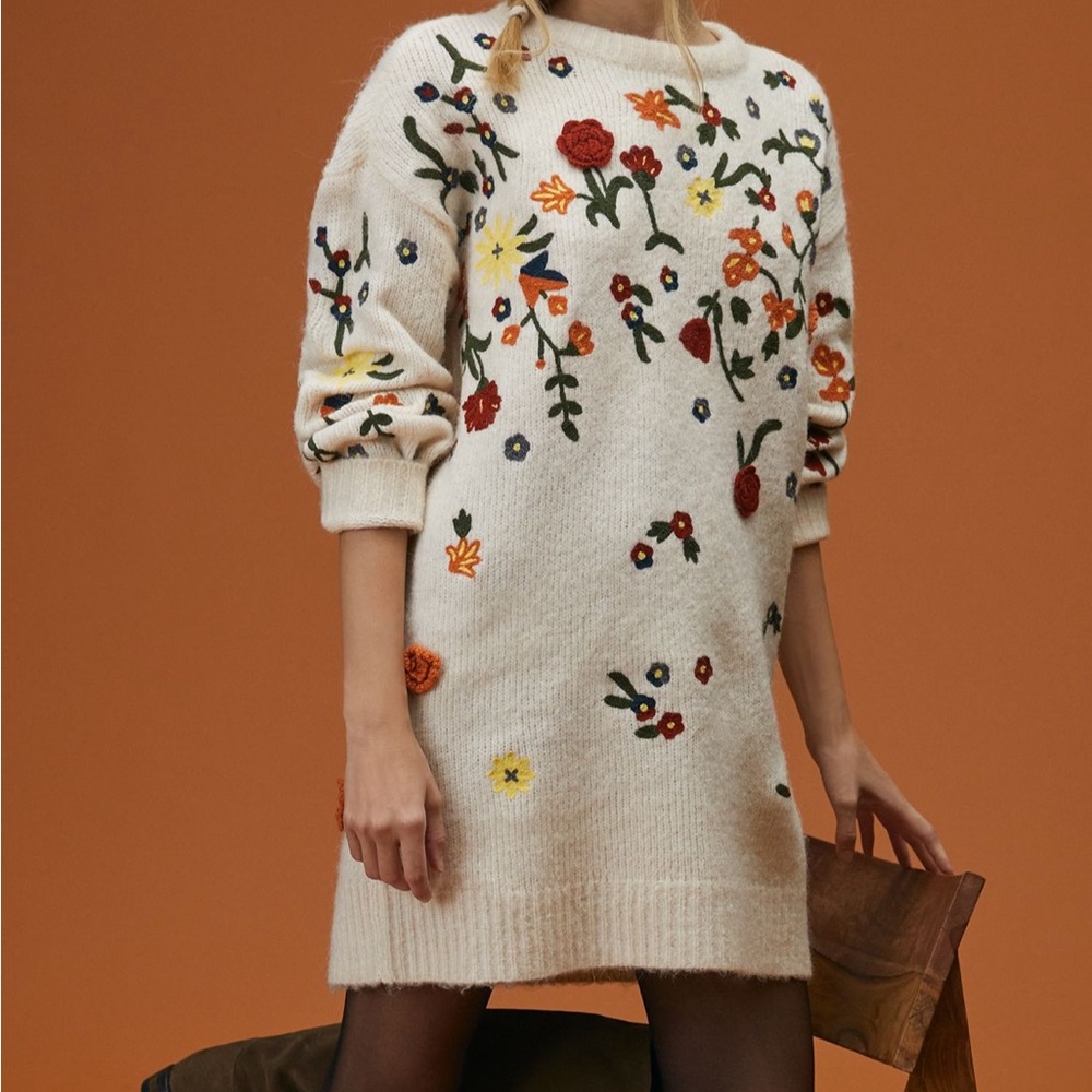 Anthropologie Cream Floral Embroidered Long Sleeve Dress